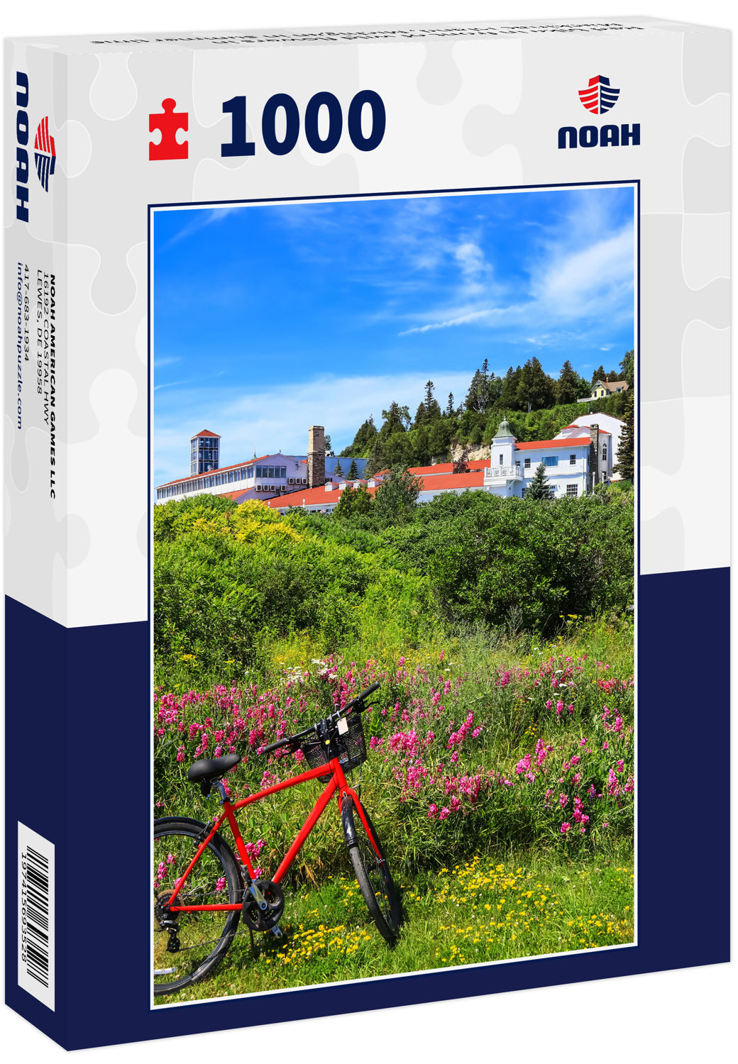 Red bike in front of wild flowers in Mackinac island, Michigan in summer time