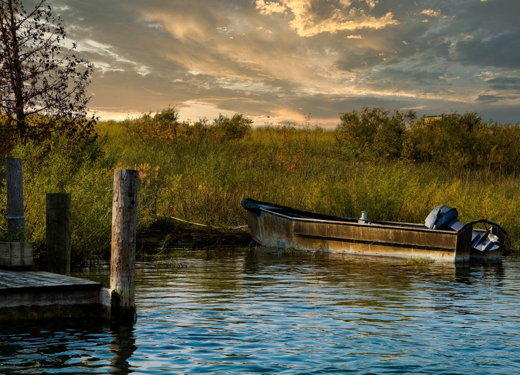 Boat, sunset landscape, Michigan