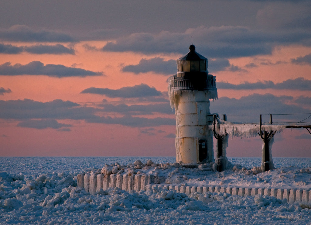 A very cold winter sunset at the St. Joseph Outer Light, St. Joseph, Michigan