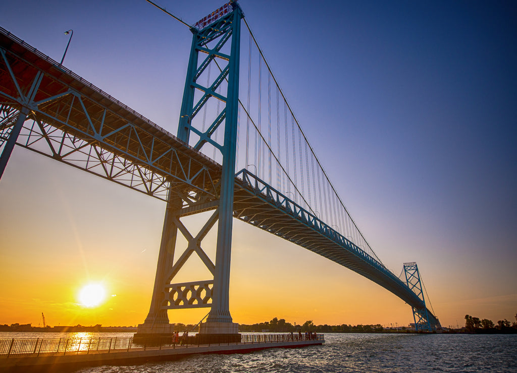 View of Ambassador Bridge connecting Windsor, Ontario to Detroit Michigan