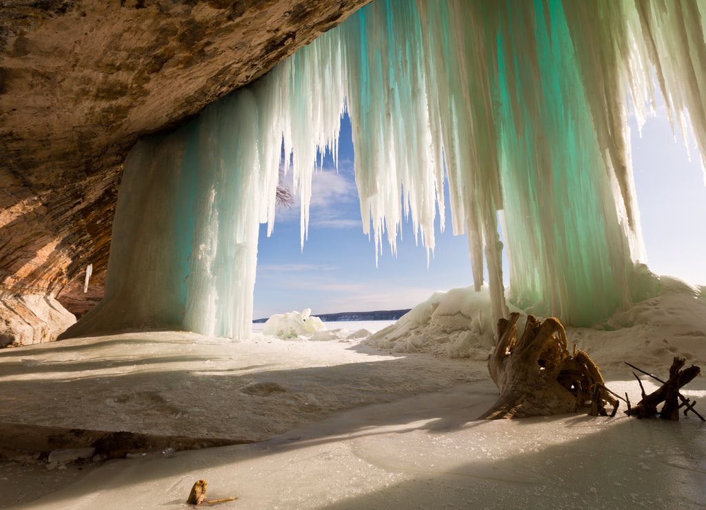 Sea Cave behind ice curtains at Grand Island on Lake Superior near Munising Michigan