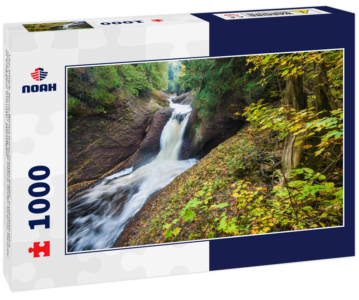 The Black River flows over Gorge Falls, just one of a series of waterfalls along the Black River Scenic Byway in Gogebic County, Michigan