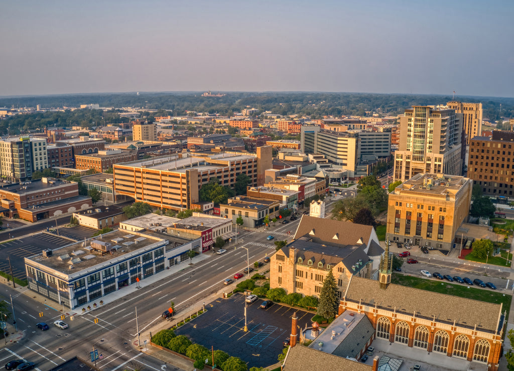 Aerial View of Kalamazoo, Michigan during Summer Twilight