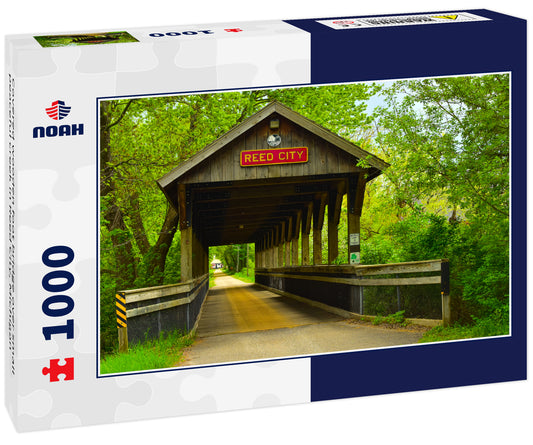 Covered wooden foot bridge over small peaceful creek in Reed City, Michigan