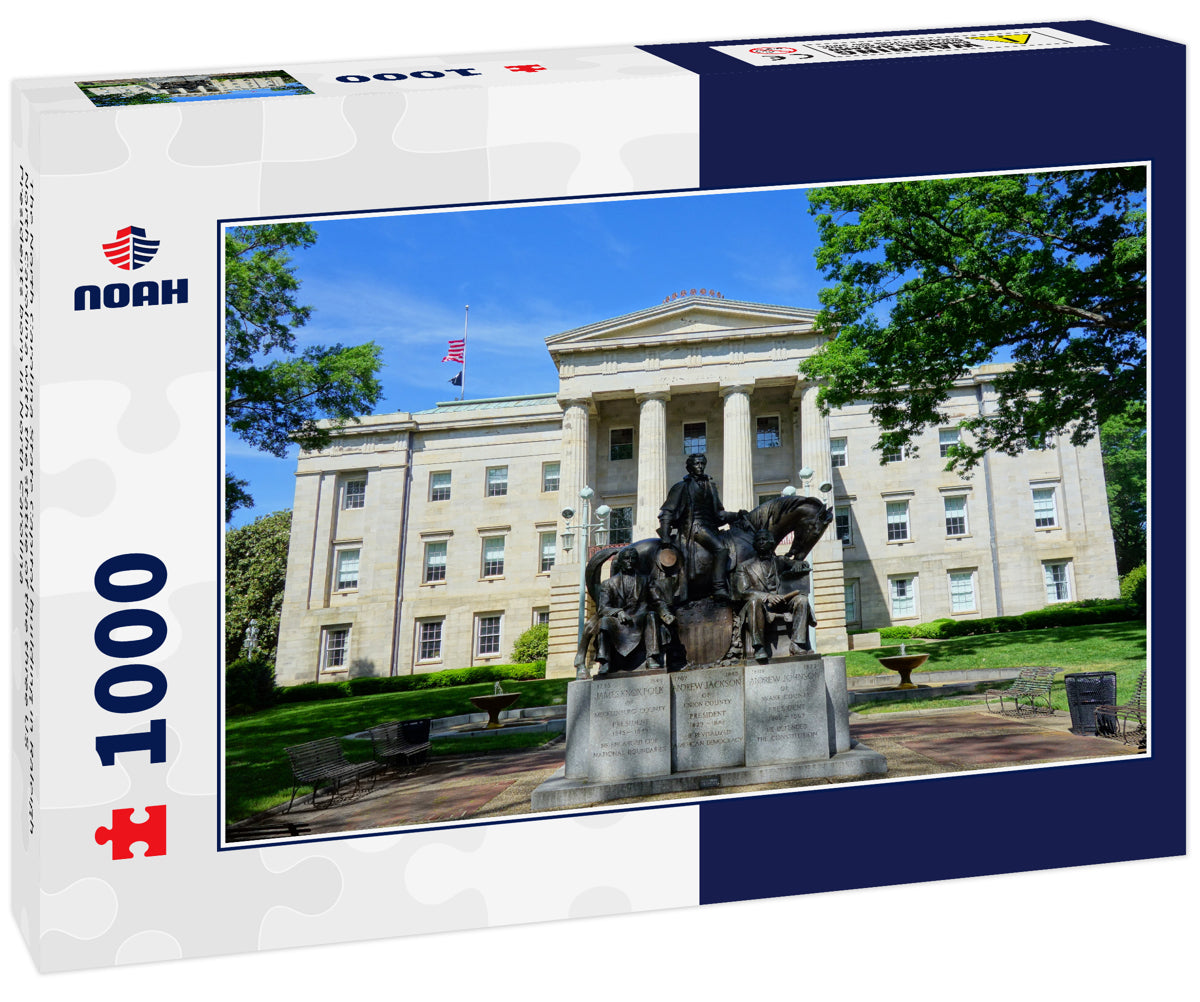 The North Carolina State Capitol building in Raleigh North Carolina with the statue of the three US Presidents born in North Carolina