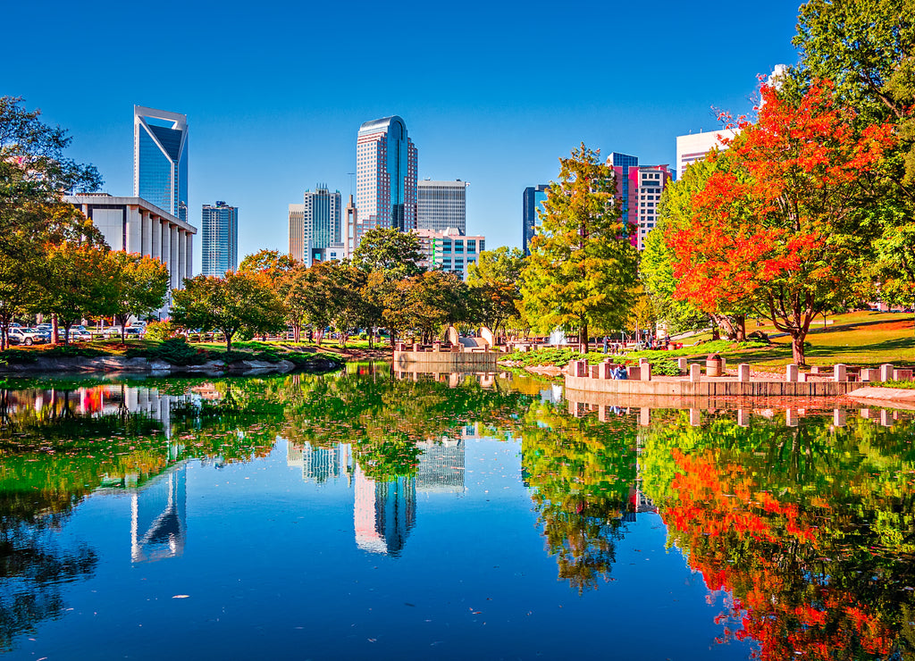 Charlotte city skyline from marshall park autumn season North Carolina