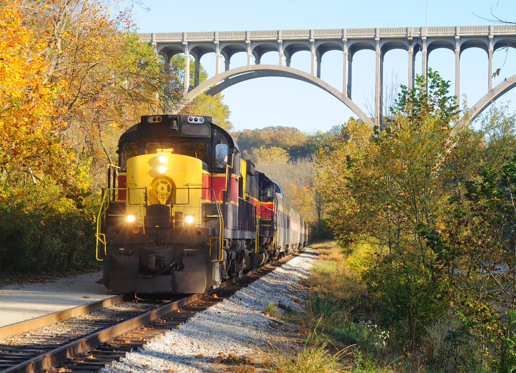 Train approaching below bridge over Ohio's Cuyahoga Valley