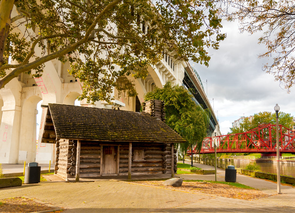 Cleveland Heritage Park with a replica of the first log cabin built in the city, then a frontier settlement, Ohio