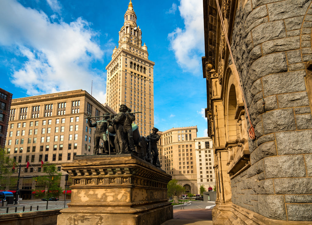 Soldiers and Sailors Monument on Cleveland's Public Square, with Terminal Tower in background, Ohio