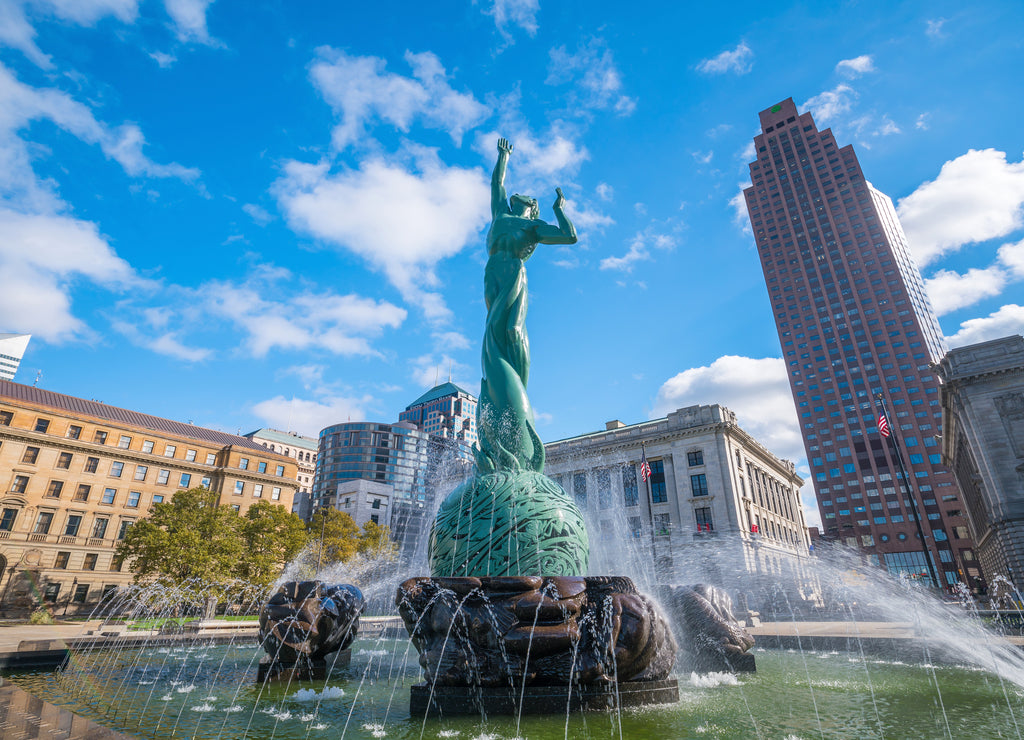 Downtown Cleveland skyline and Fountain of Eternal Life Statue, Ohio