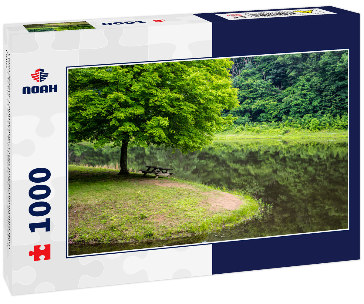 Ohio Scenic Landscape. Lush forest peninsula with picnic table at Scioto Trail State Park in Chillicothe, Ohio