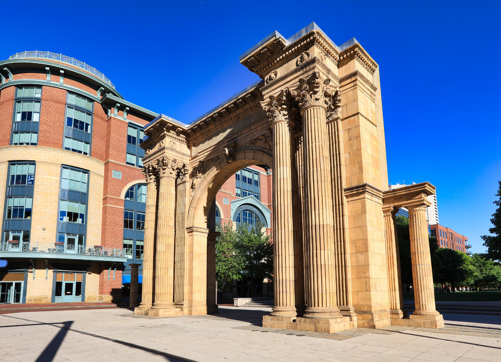 Arch Park in McFerson Commons in the Arena District of downtown Columbus, Ohio is a popular urban destination for sports and entertainment