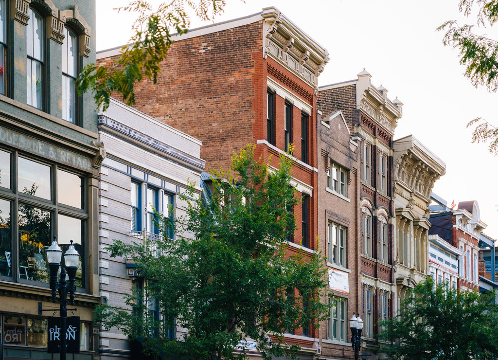 Historic buildings along Vine Street in Over-The-Rhine, Cincinnati, Ohio