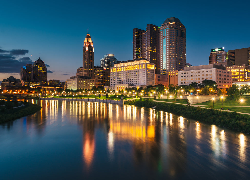 The Scioto River and Columbus skyline at night, Columbus Ohio