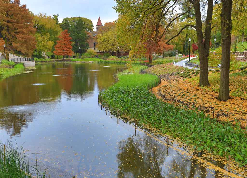 Mirror Lake on the campus of The Ohio State University is a popular landmark. Recent renovations added extensive landscaping