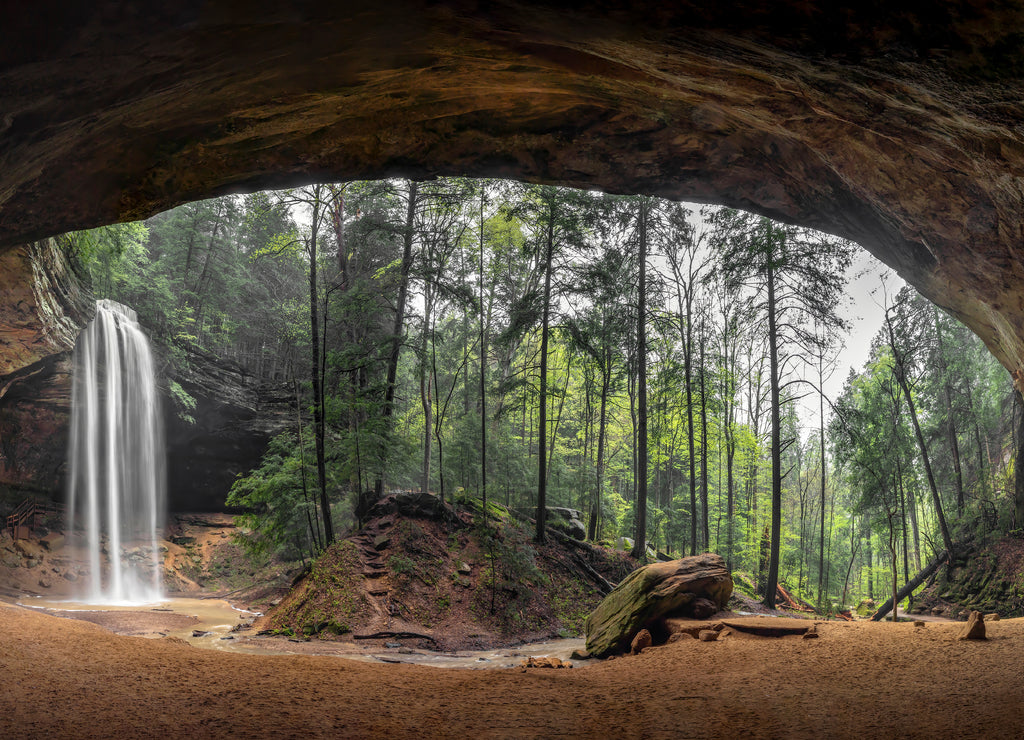 Inside Ash Cave Panorama - Located in the Hocking Hills of Ohio, Ash Cave is an enormous sandstone recess cave adorned with a beautiful waterfall after spring rains