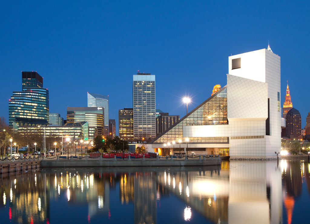 City skyline at dusk from the harbor, Cleveland, Ohio, United States