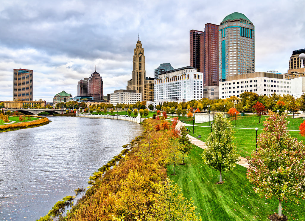 Cityscape of Columbus above the Scioto River, Ohio