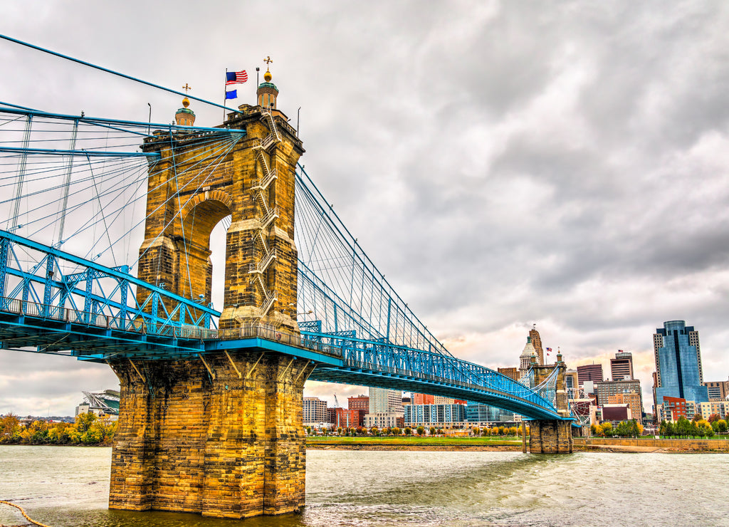 John A. Roebling Suspension Bridge across the Ohio River in Cincinnati