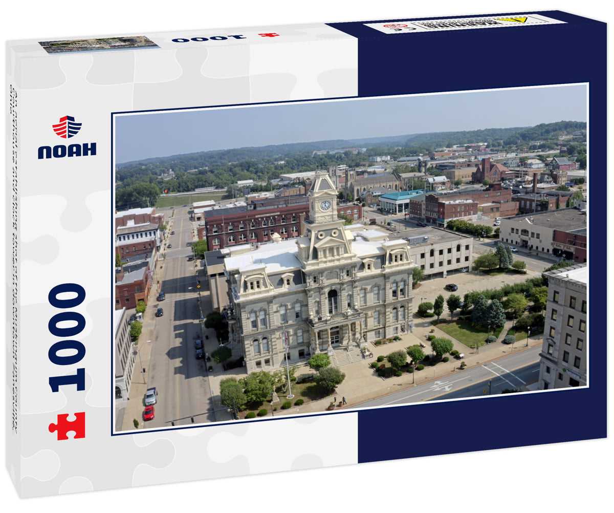 An aerial establishing shot of the Muskingum County Courthouse and clock tower in downtown Zanesville, Ohio