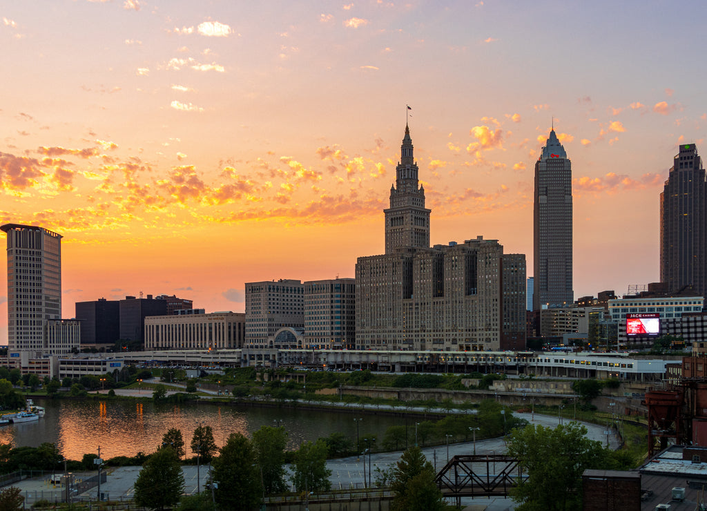 Cleveland Skyline with Freighter on the River - Sunset, Ohio