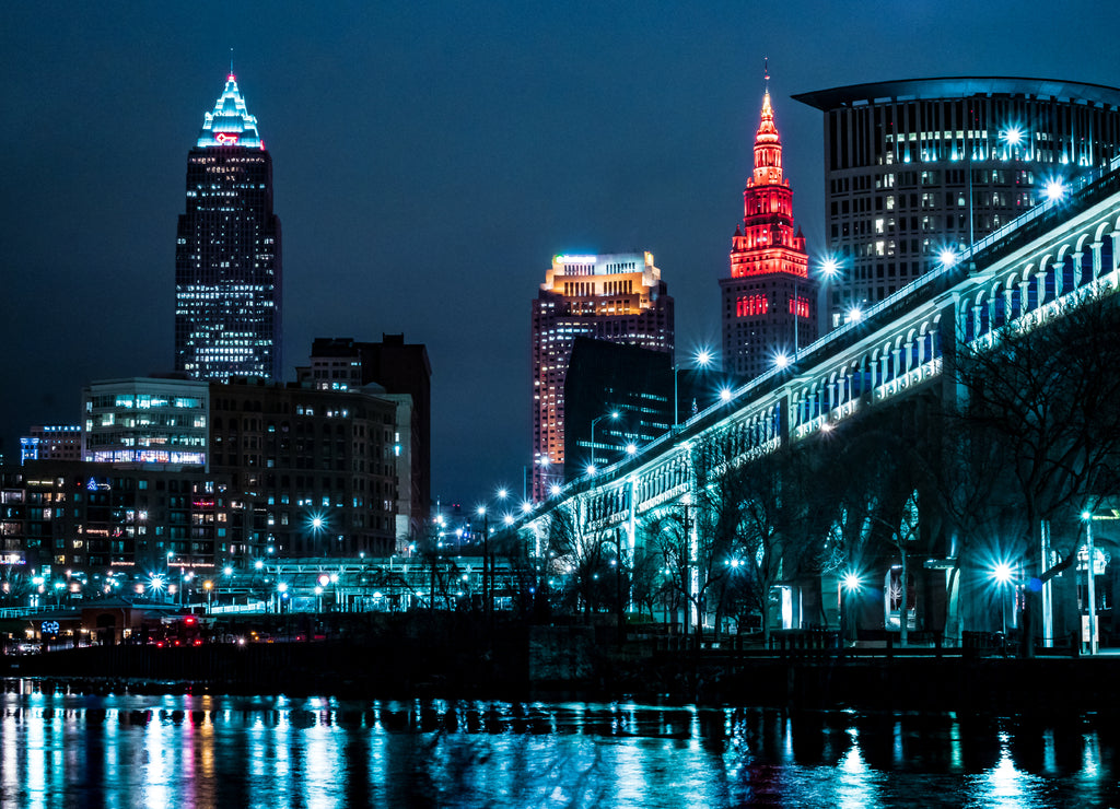 Cleveland Ohio Night Skyline Riverside