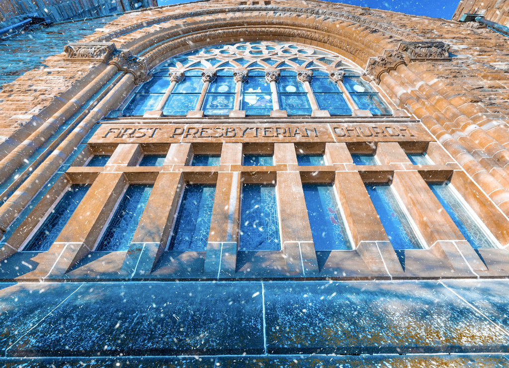 Low angle shot of a Presbyterian church in Marion Ohio