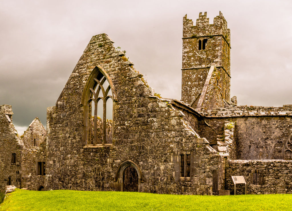 Landscapes in Ireland. Ruins of Ross Errilly Monastery in County Galway. National monument and best preserved monastery