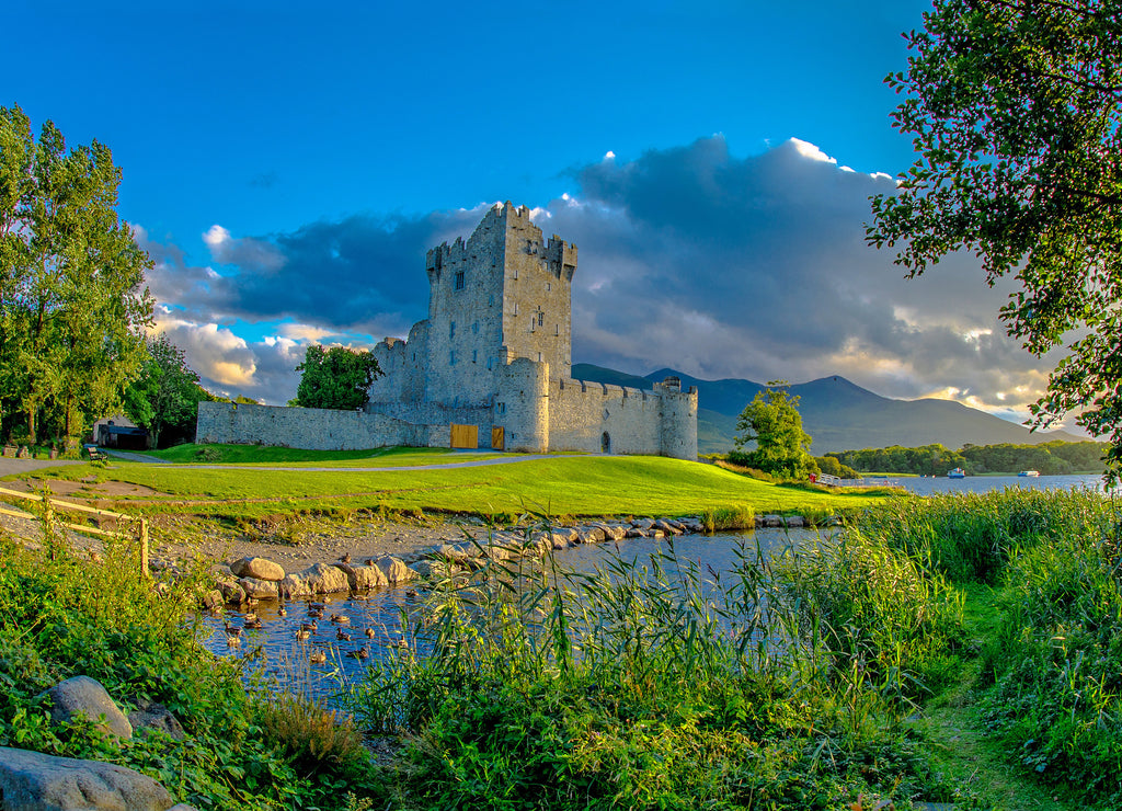 Idyllic landscape of Ross Castle in Killarney National Park in Ireland. Journey by car through the Ring of Kerry