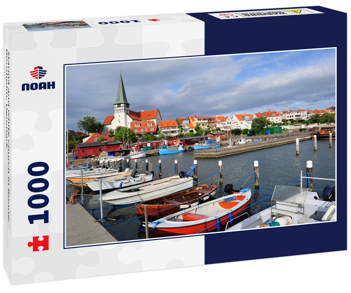 Marina and white church in Ronne, Bornholm, Denmark