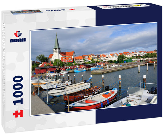 Marina and white church in Ronne, Bornholm, Denmark