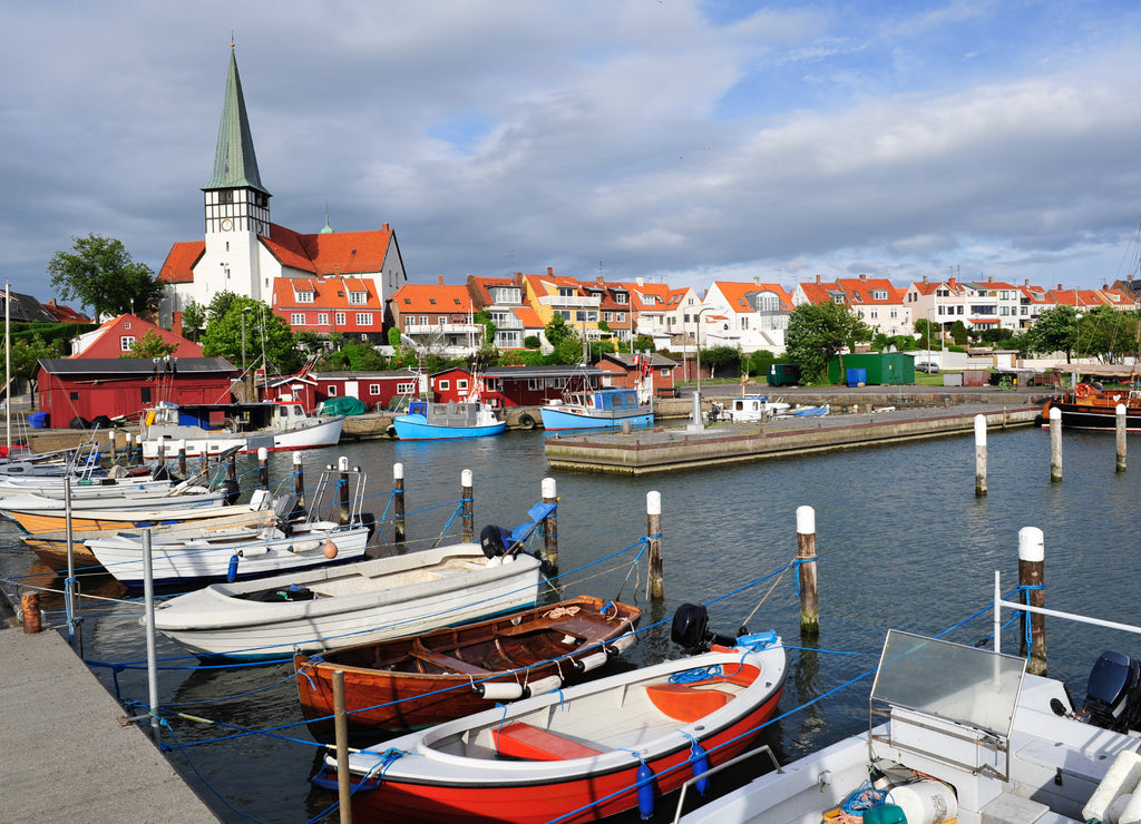 Marina and white church in Ronne, Bornholm, Denmark
