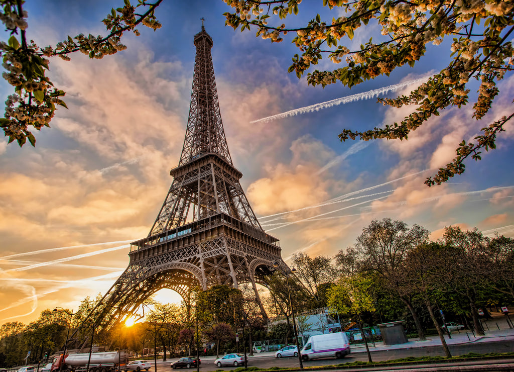Eiffel Tower against the sunrise in Paris, France