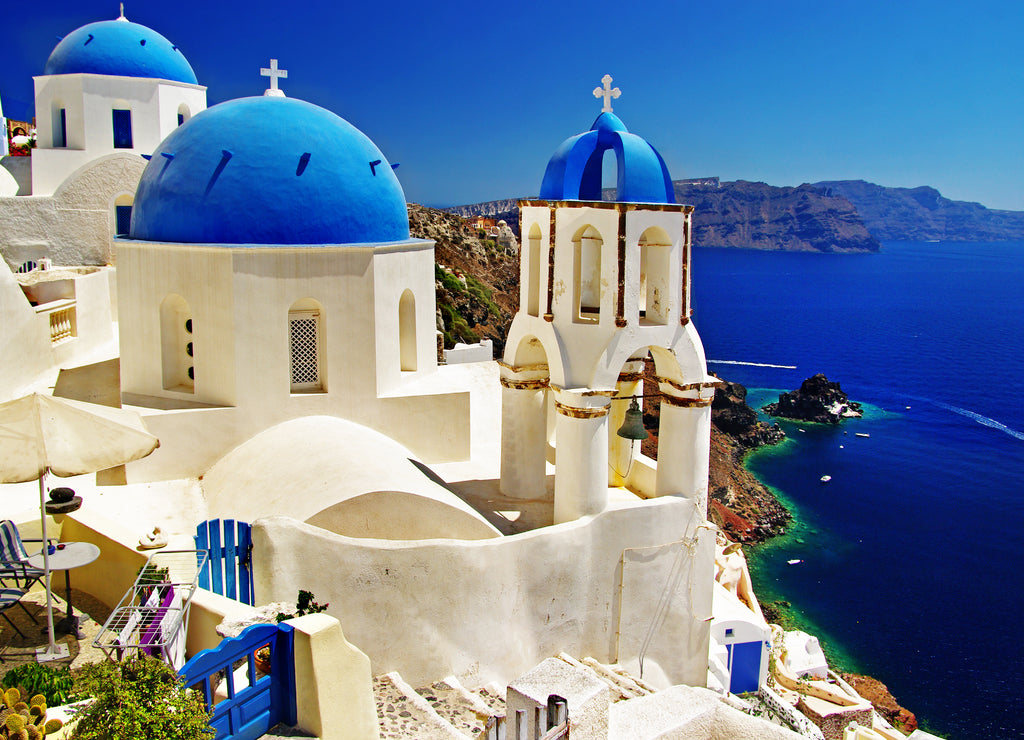 beautiful Santorini view of the caldera with churches