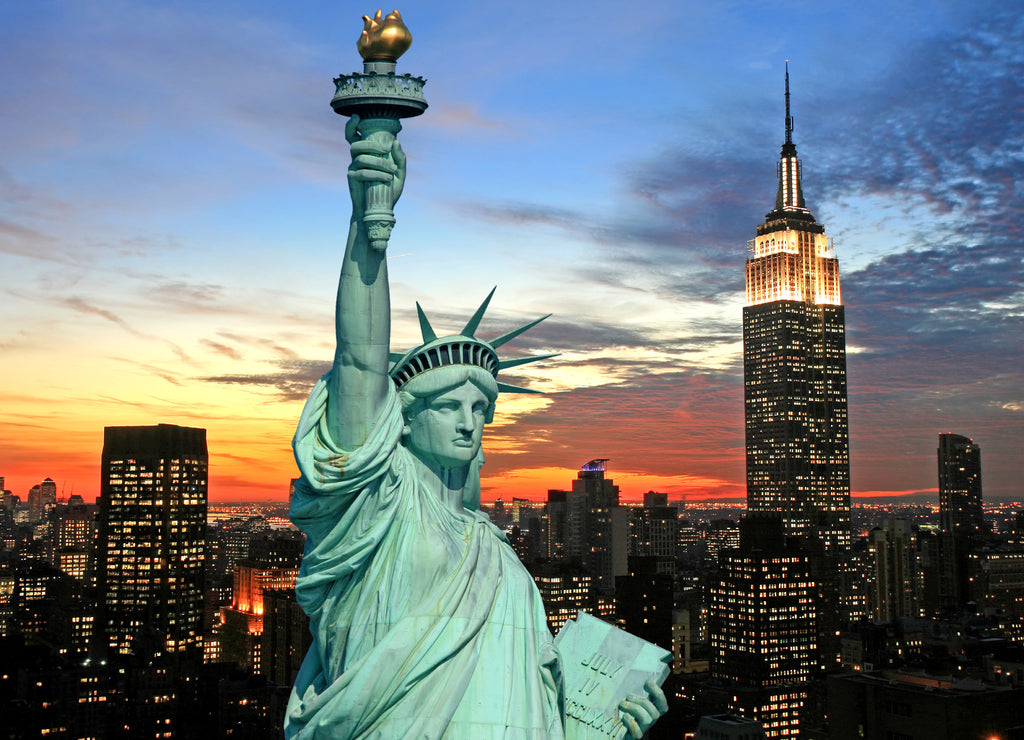 The Statue of Liberty and the skyline of New York City