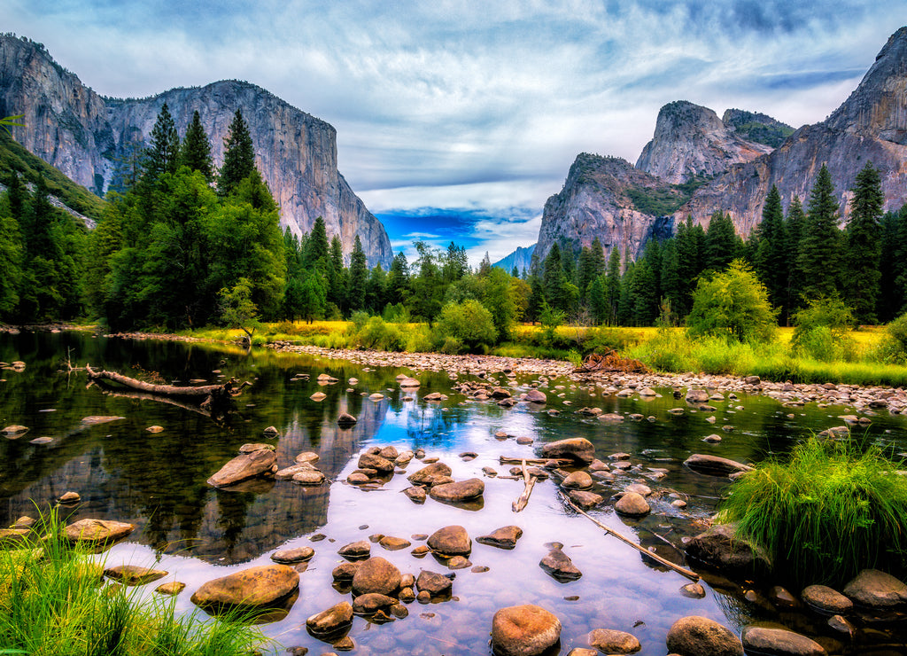 Yosemite Valley View with El Capitan, Cathedral Rock and The Merced River