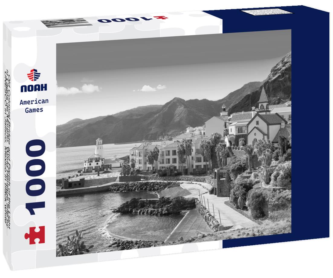 Noah Jigsaw Puzzle Old Colonial Bridge and Parish of the Light in Lagos de Moreno. World Heritage Site by UNESCO in Jalisco, Mexico in black white 1000 pieces