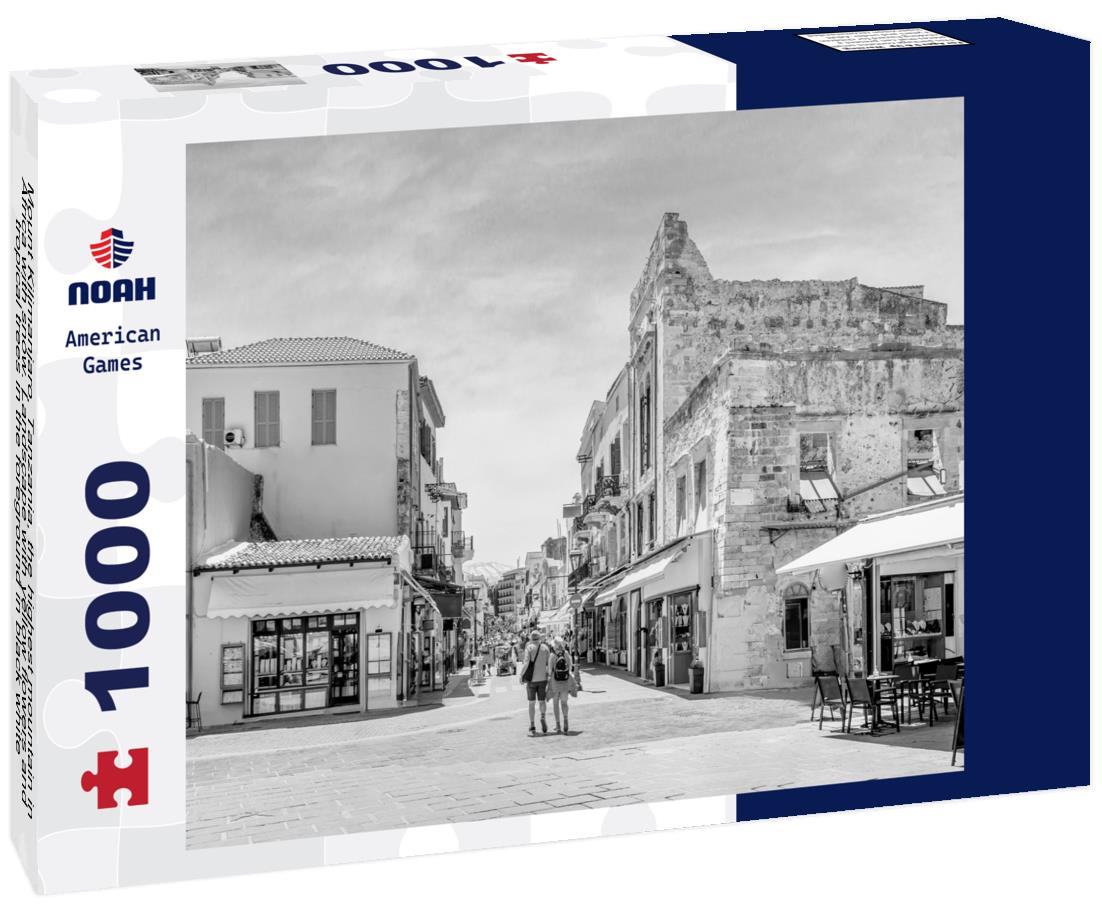 Noah Jigsaw Puzzle Mount Kilimanjaro, Tanzania, the highest mountain in Africa with snow. Landscape with yellow flowers and tropical trees in the foreground in black white 1000 pieces