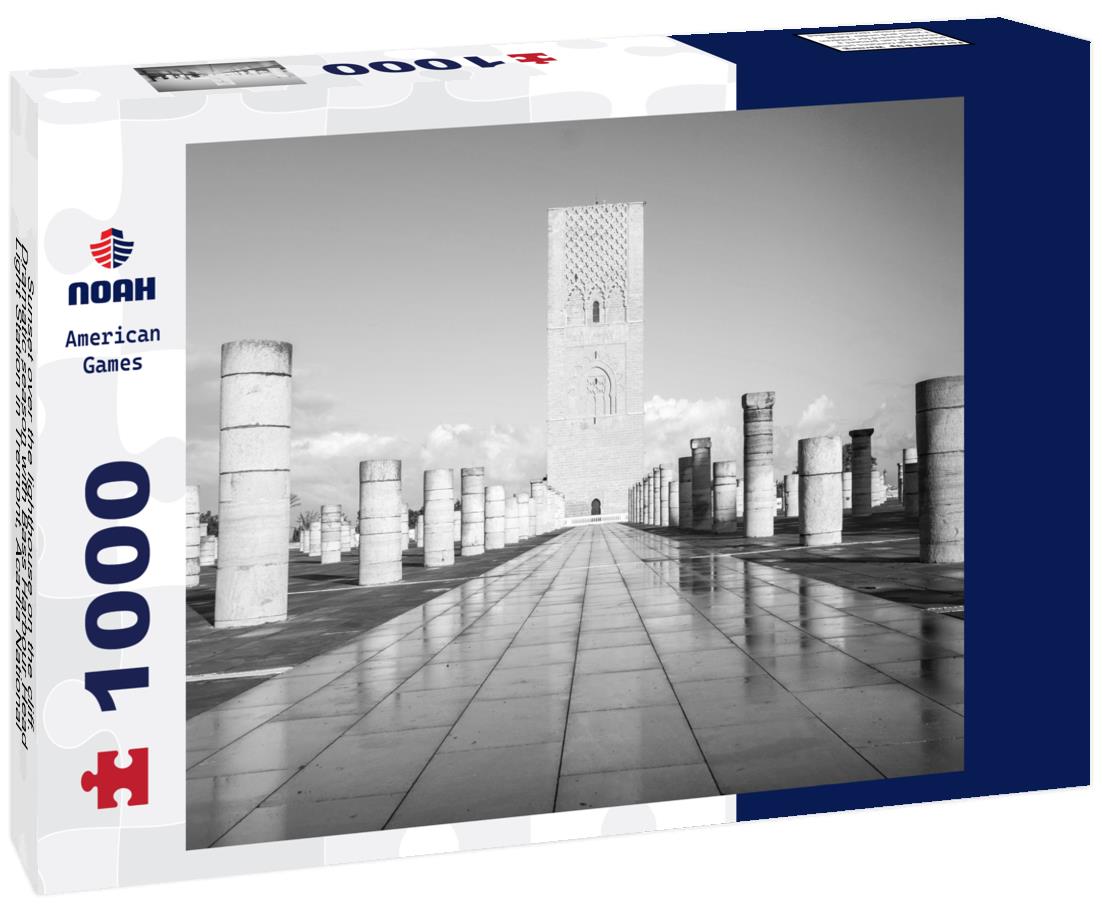 Noah Jigsaw Puzzle Sunset over the lighthouse on the cliff. Dramatic season with Bass Harbour Head Light Station in Tremont, Acadia National Park, Maine in black white 1000 pieces