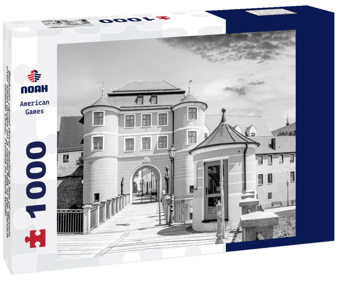 Noah Jigsaw Puzzle Bedouin camel driver leading a line of camels over sand dunes on a camel trek in the Sahara, outside Douz, Tunisia in black white 1000 pieces