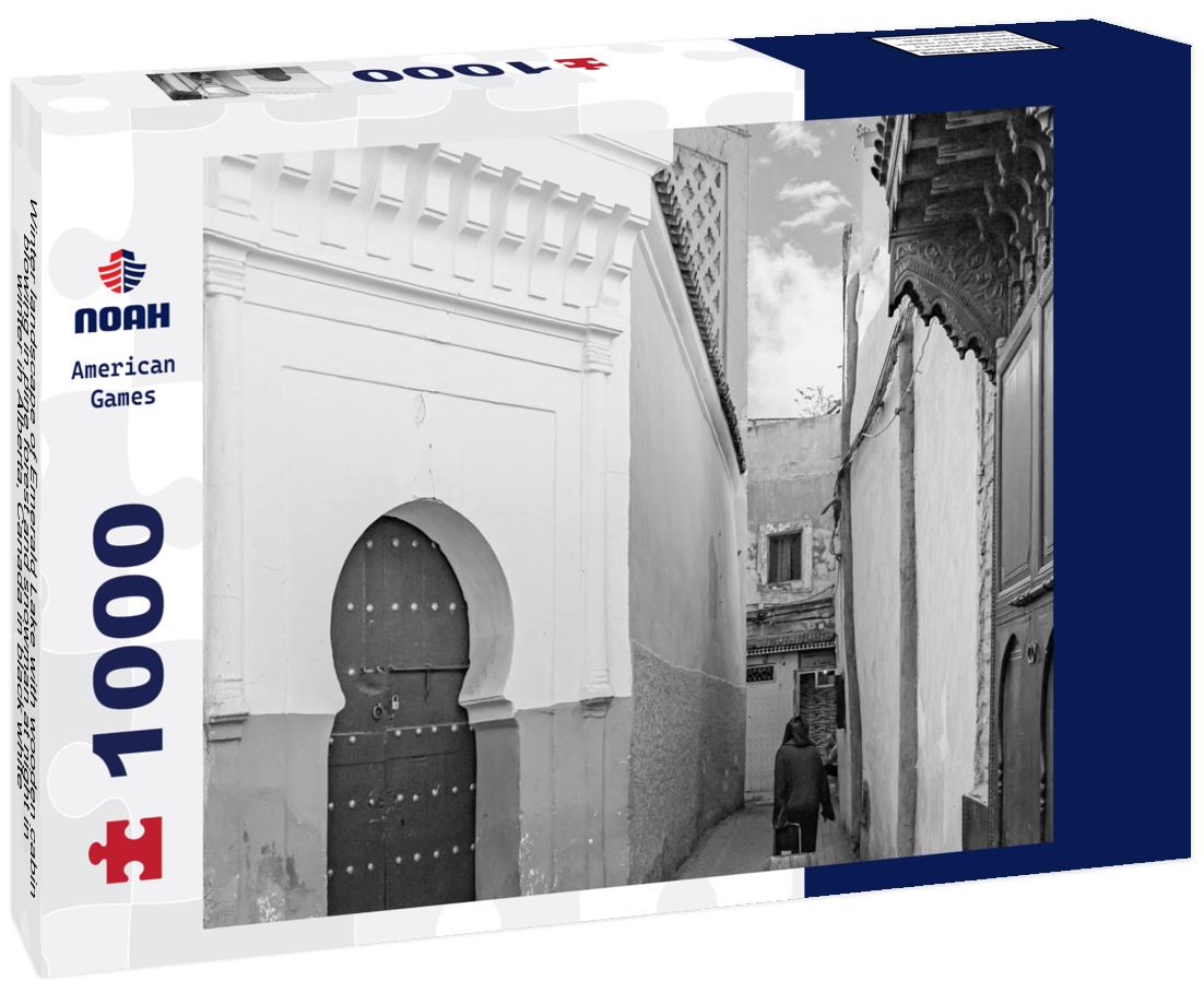 Noah Jigsaw Puzzle Winter landscape of Emerald Lake with wooden cabin blowing in pine forest and snowman at night in winter in Alberta, Canada in black white 1000 pieces