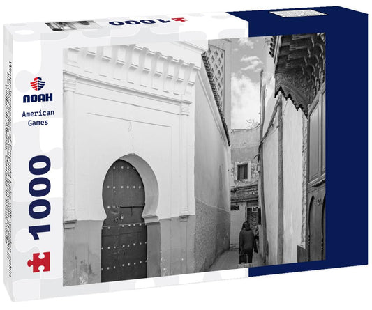 Noah Jigsaw Puzzle Winter landscape of Emerald Lake with wooden cabin blowing in pine forest and snowman at night in winter in Alberta, Canada in black white 1000 pieces