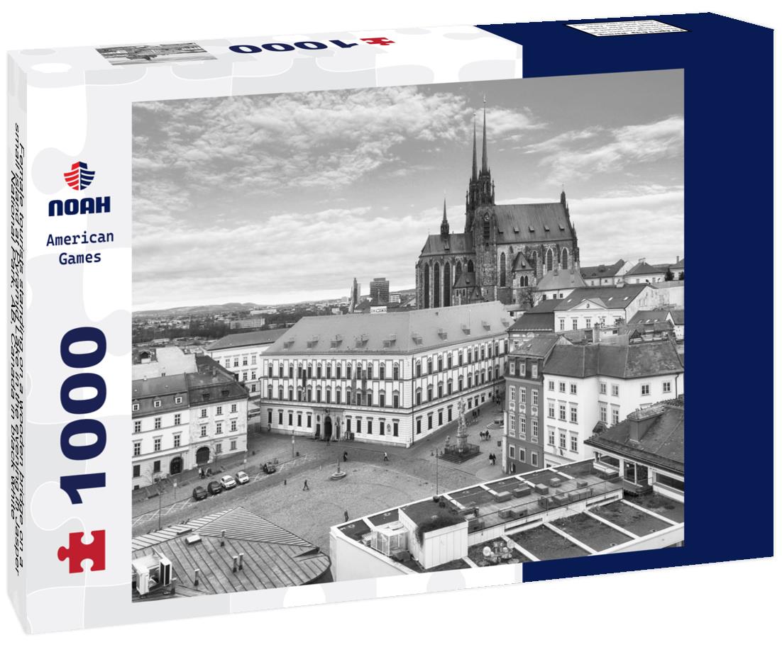 Noah Jigsaw Puzzle Female tourists standing on a wooden bridge on a small island at Pyramid Lake in the evening in Jasper National Park, AB, Canada in black white 1000 pieces