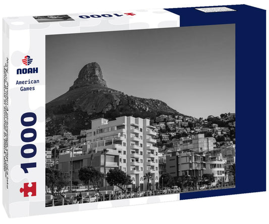 Noah Jigsaw Puzzle Norsjö, Sweden A picturesque view of a lake, a barn, a mountain and a field of yellow dandelions in summer in black white 1000 pieces