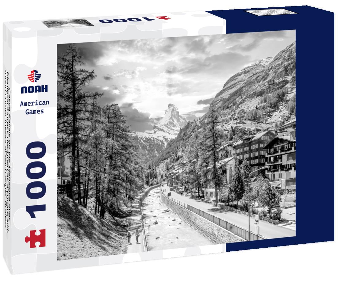 Noah Jigsaw Puzzle Castle Fallais on the Mehaigne river. Medieval fortress designed as a square with round corner towers at each angle. Braives, Liège, Wallonia, Belgium, Europe in black white 1000 pieces