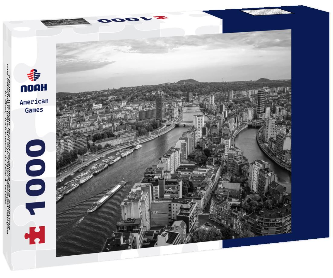 Noah Jigsaw Puzzle Young woman tourist relaxing and enjoying the beautiful view at Ulun Danu Beratan temple in Bali, Indonesia in black white 1000 pieces