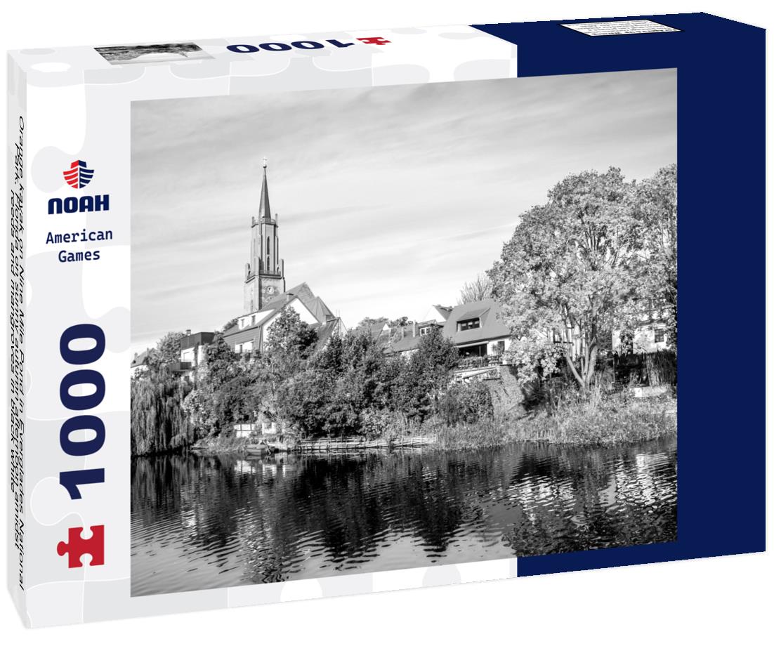 Noah Jigsaw Puzzle Orange kayak on Nine Mile Pond in Everglades National Park, Florida on sunny autumn afternoon amidst reeds and mangroves in black white 1000 pieces