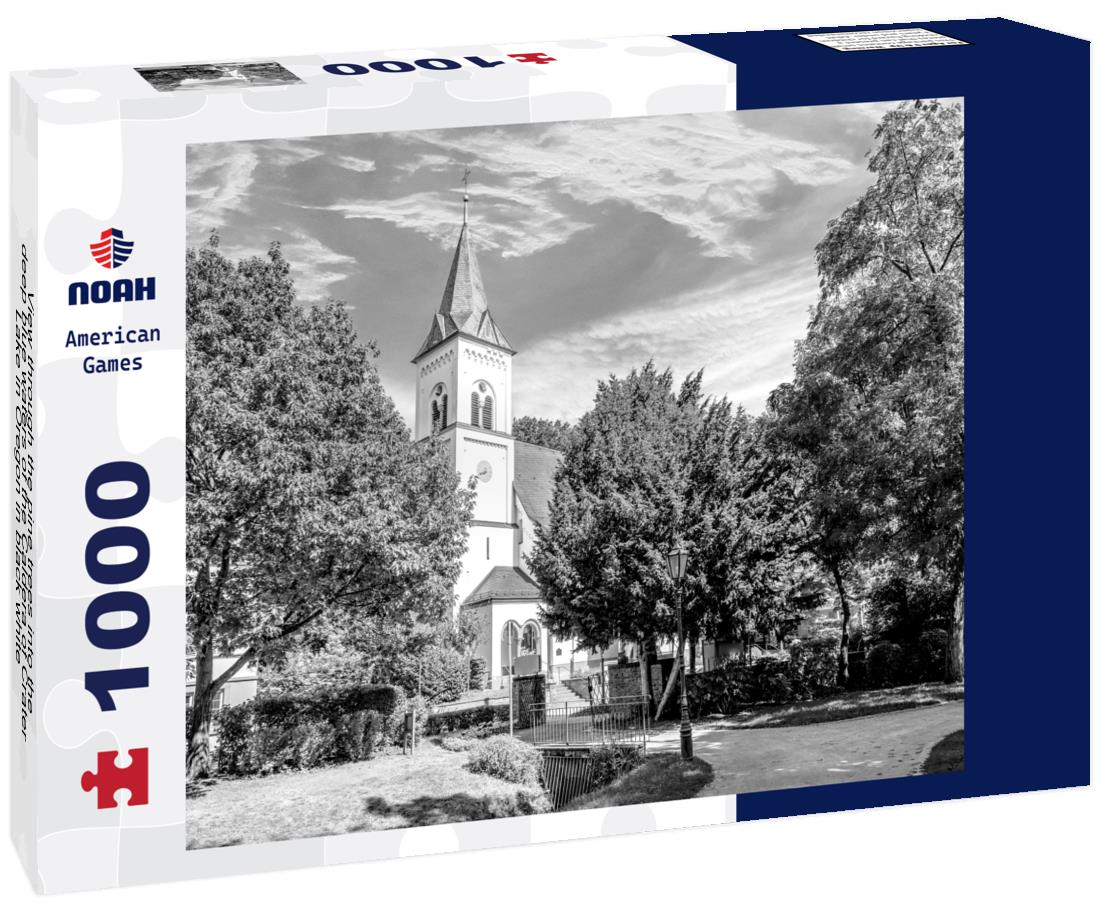 Noah Jigsaw Puzzle View through the pine trees into the deep blue waters of the Caldera of Crater Lake in Oregon in black white 1000 pieces