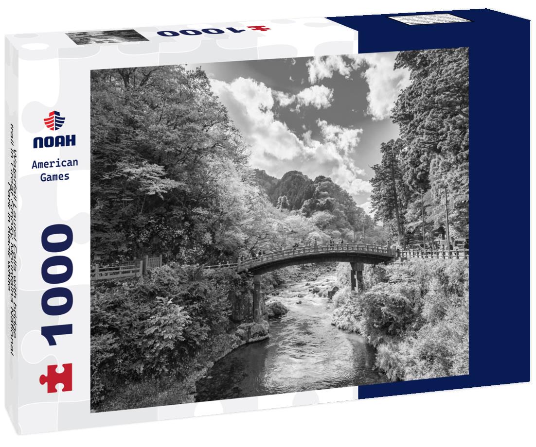 Noah Jigsaw Puzzle Waterfall Laurel Falls with bridge trail in Great Smoky Mountains National Park in black white 1000 pieces