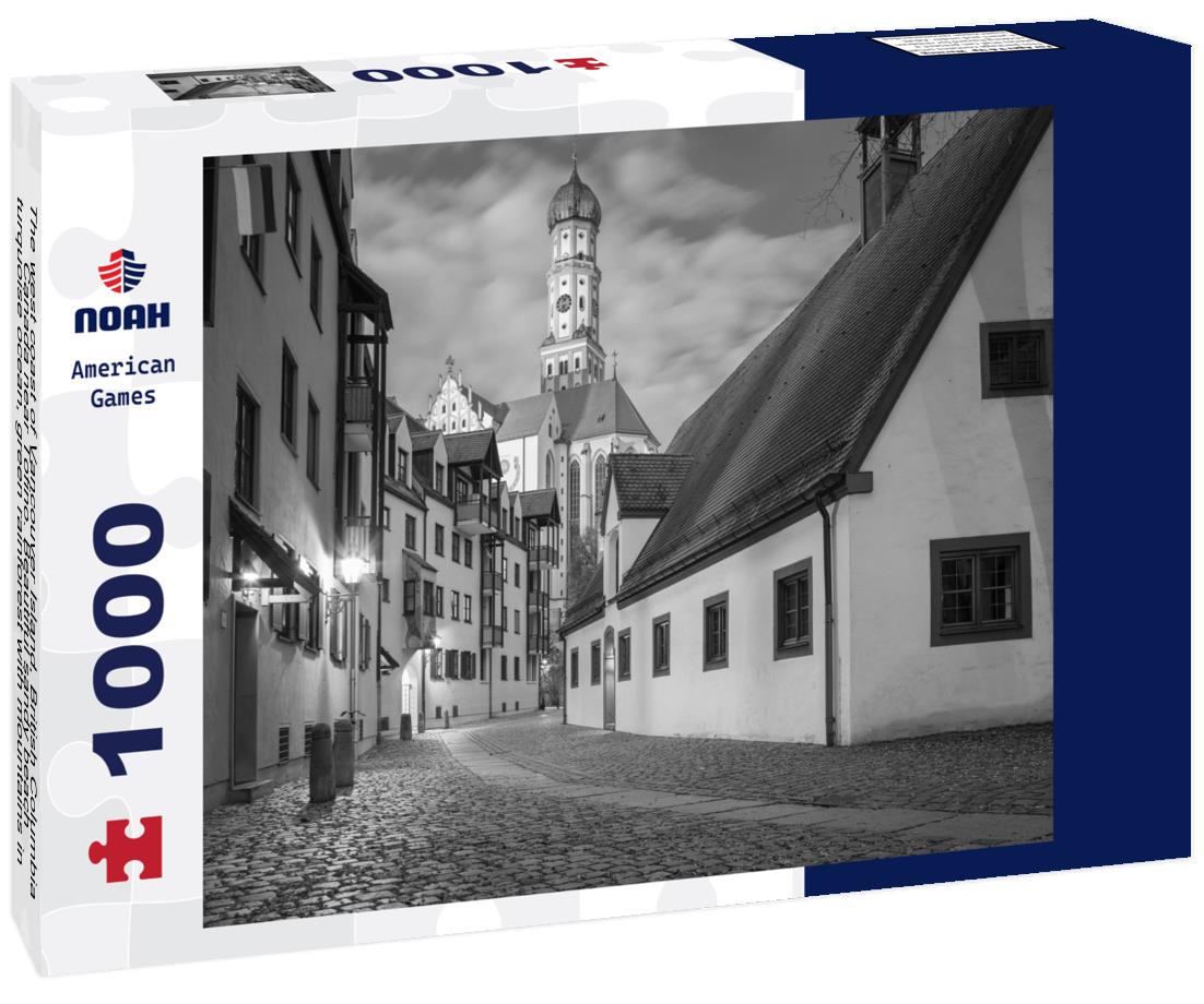 Noah Jigsaw Puzzle The west coast of Vancouver Island, British Columbia, Canada near Tofino. Beautiful sandy beach, turquoise ocean, green rainforest with mountains in the background. Sunset in the Pacific Northwest in black white 1000 pieces